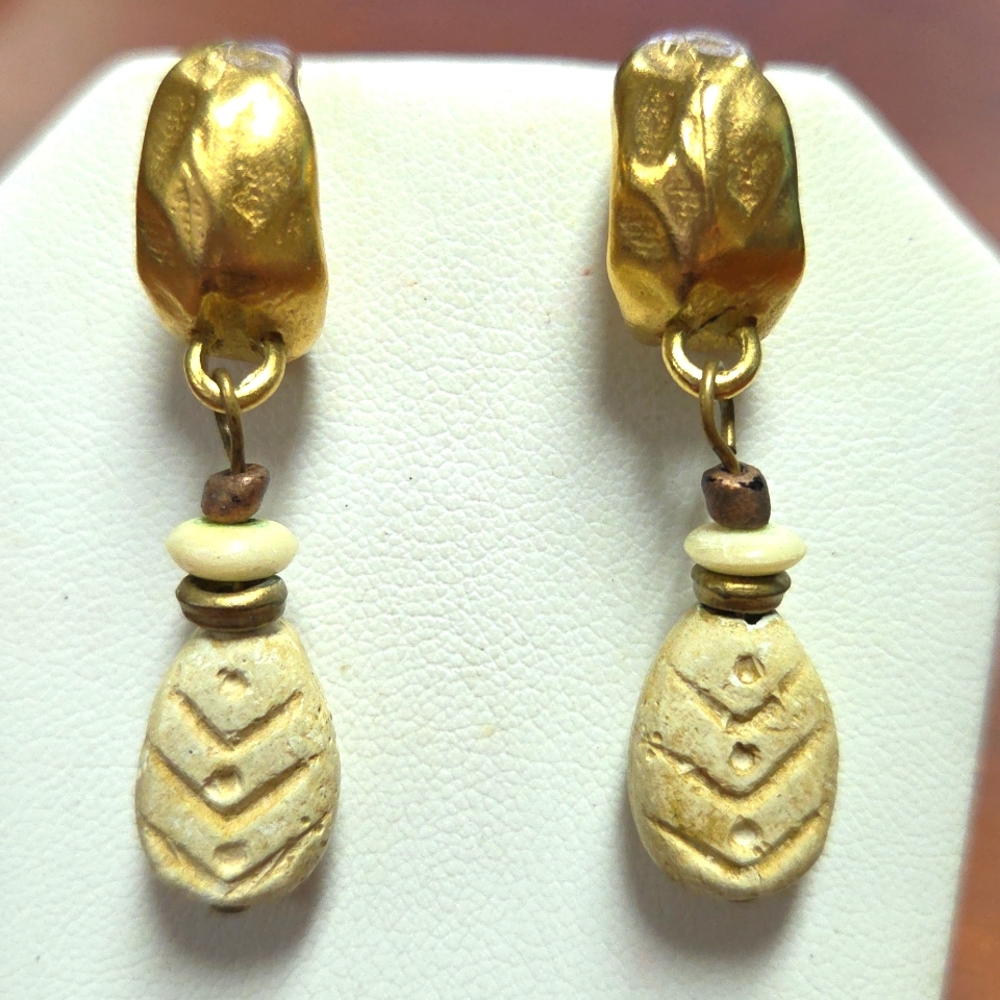 Carved Wood & Goldtone Earrings